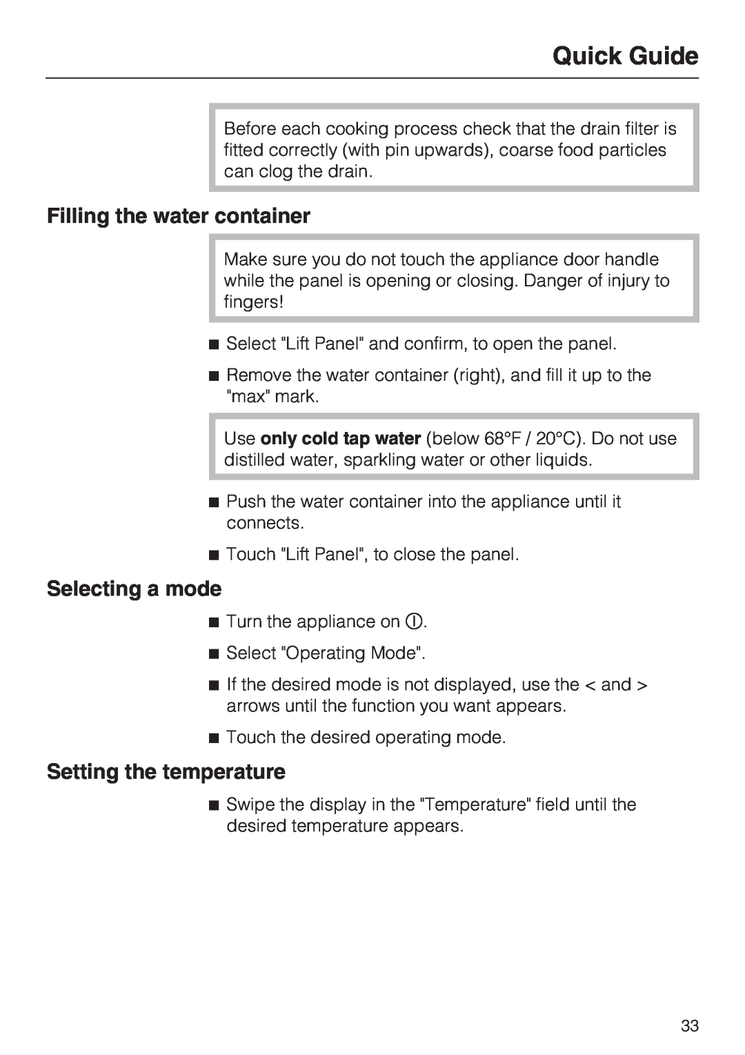 Miele 09 855 050 Quick Guide, Filling the water container, Selecting a mode, Setting the temperature 