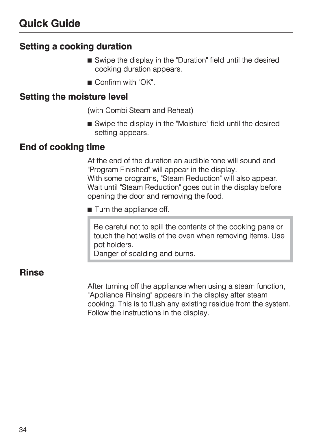 Miele 09 855 050 Setting a cooking duration, Setting the moisture level, End of cooking time, Rinse, Quick Guide 
