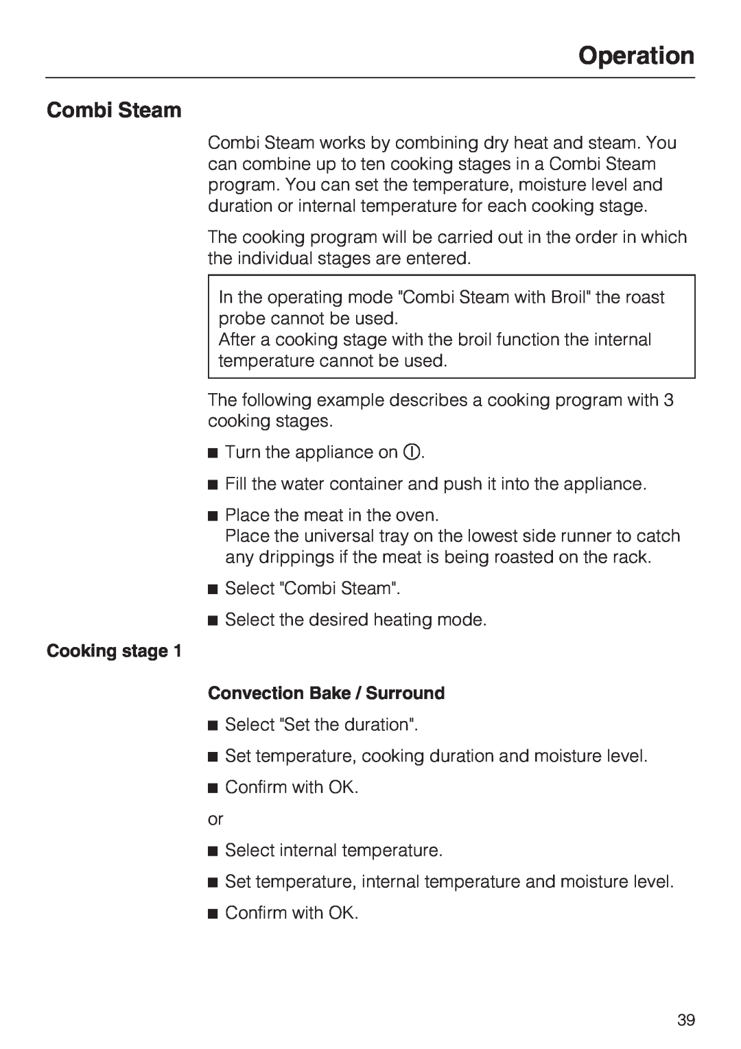 Miele 09 855 050 installation instructions Combi Steam, Operation, Cooking stage Convection Bake / Surround 