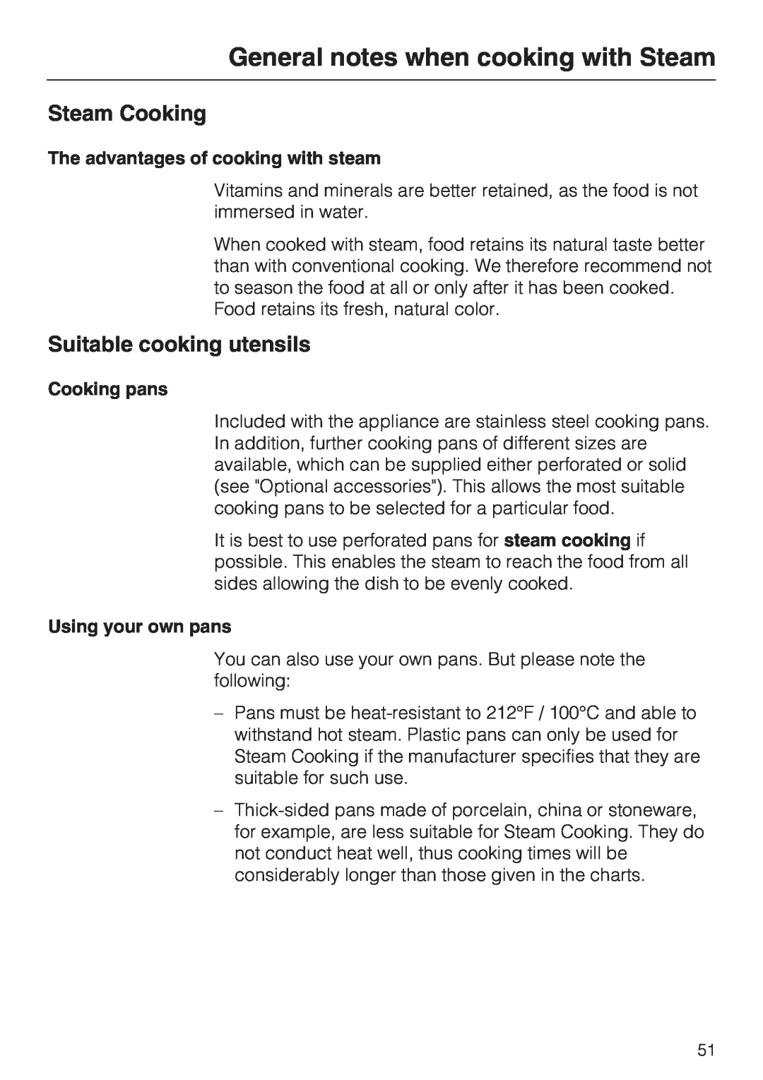Miele 09 855 050 installation instructions General notes when cooking with Steam, Steam Cooking, Suitable cooking utensils 