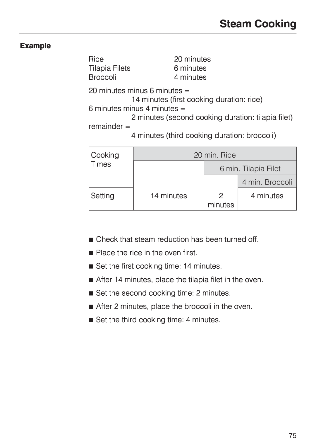 Miele 09 855 050 installation instructions Steam Cooking, Example 
