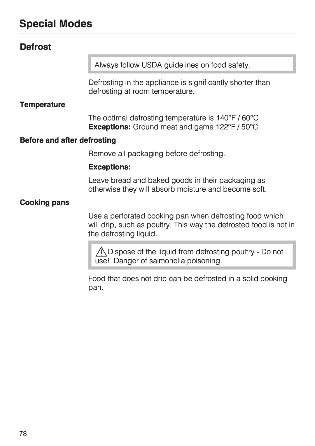 Miele 09 855 050 Special Modes, Defrost, Temperature, Before and after defrosting, Exceptions, Cooking pans 