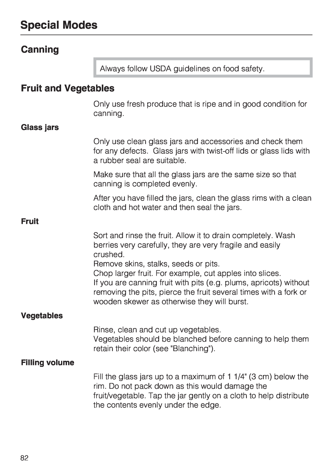 Miele 09 855 050 installation instructions Canning, Fruit and Vegetables, Special Modes, Glass jars, Filling volume 