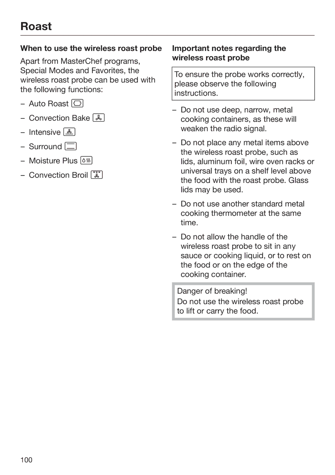 Miele 09 898 020 When to use the wireless roast probe, Important notes regarding the wireless roast probe 