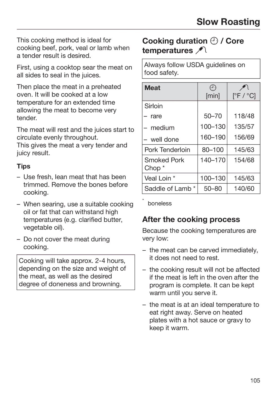 Miele 09 898 020 Slow Roasting, Cooking duration  / Core temperatures , After the cooking process, Tips, Meat 