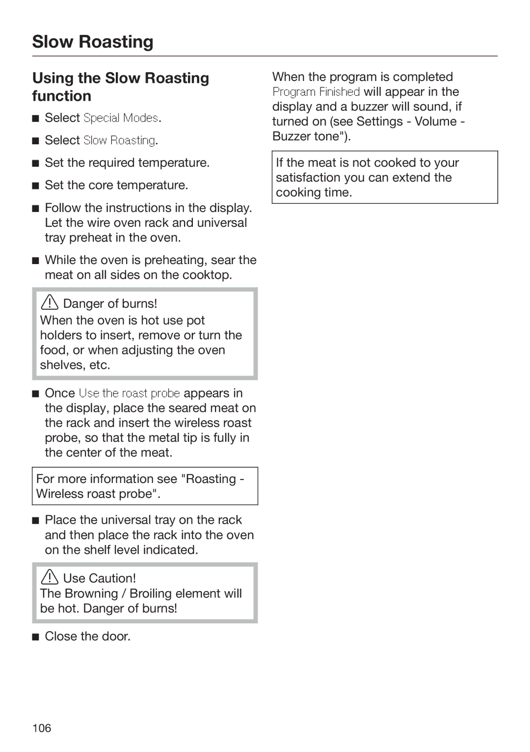 Miele 09 898 020 operating instructions Using the Slow Roasting function 