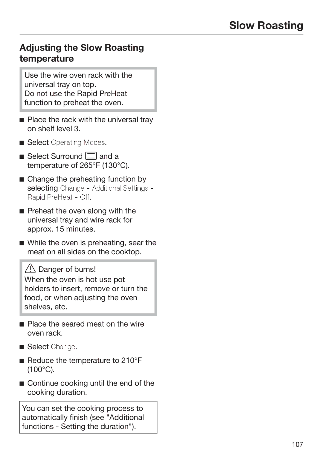 Miele 09 898 020 operating instructions Adjusting the Slow Roasting temperature 