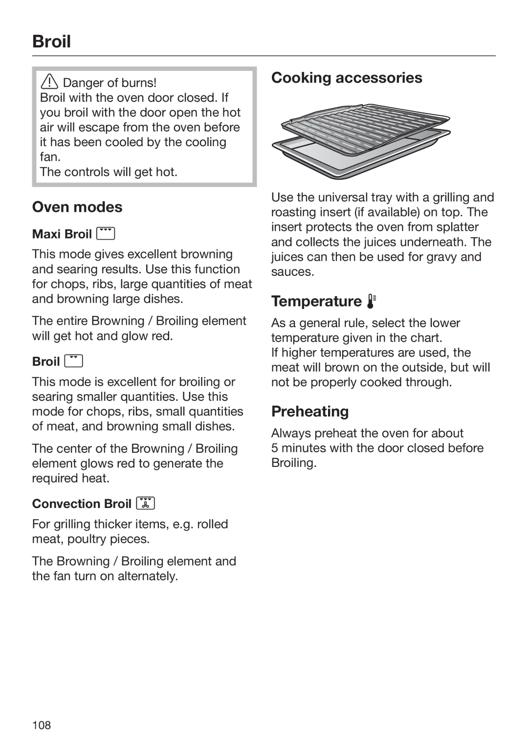 Miele 09 898 020 operating instructions Broil, Cooking accessories, Preheating 