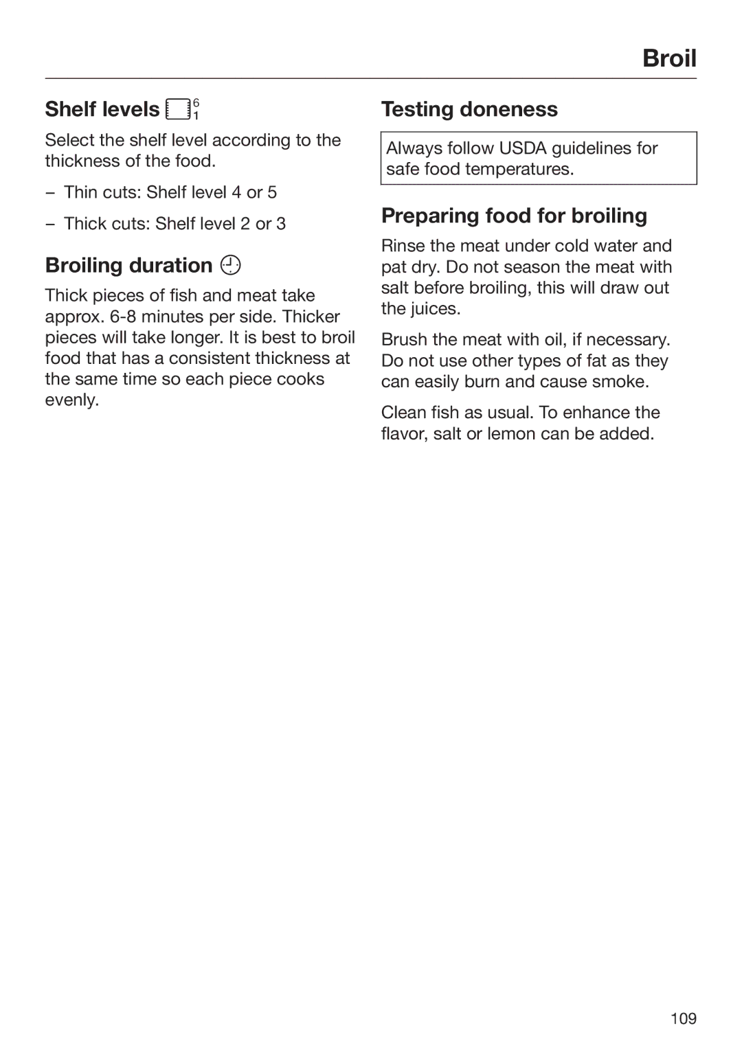 Miele 09 898 020 operating instructions Broiling duration , Testing doneness, Preparing food for broiling 