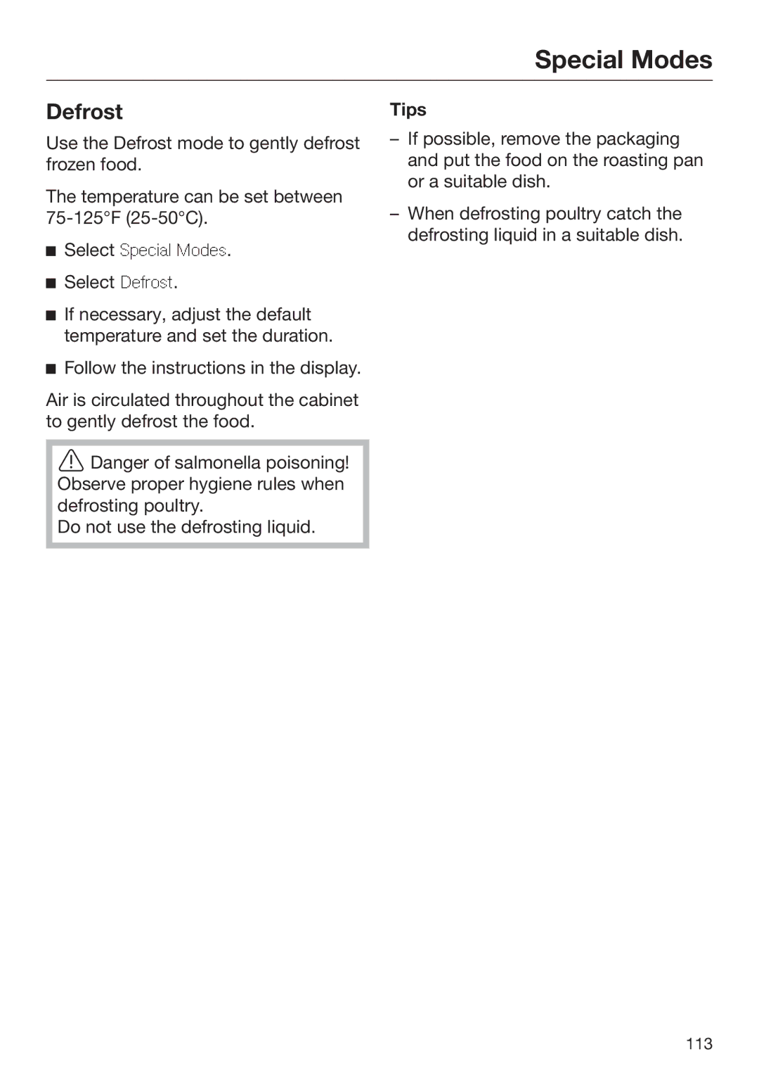 Miele 09 898 020 operating instructions Defrost, Tips 