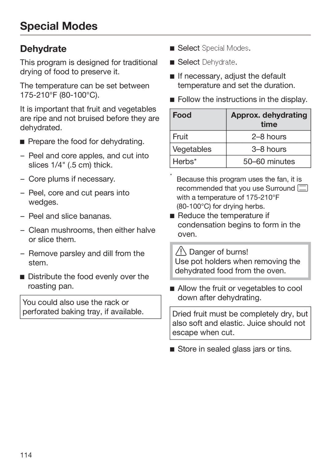 Miele 09 898 020 operating instructions Dehydrate, Food Approx. dehydrating Time 