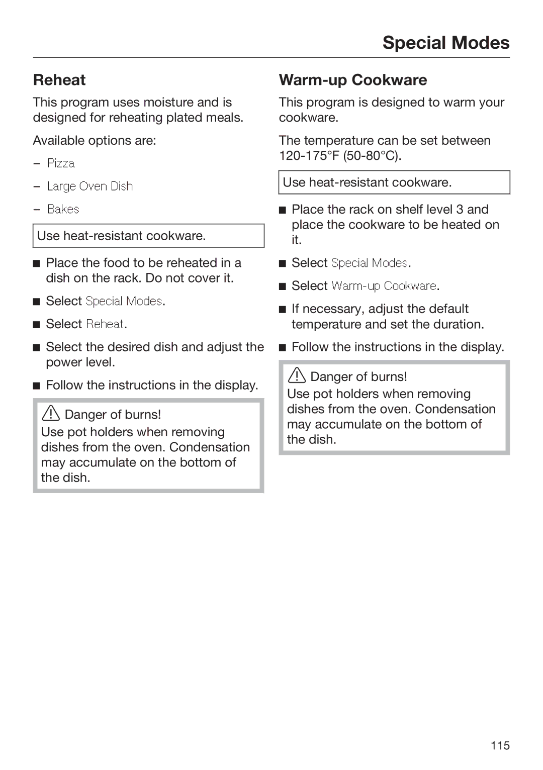 Miele 09 898 020 operating instructions Reheat, Warm-up Cookware 