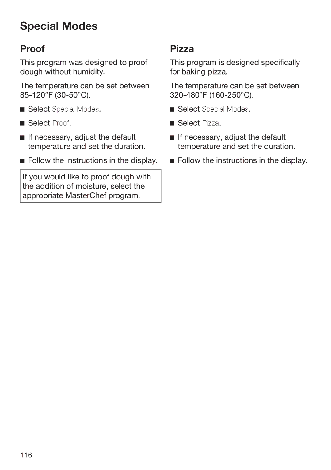 Miele 09 898 020 operating instructions Proof, Pizza 