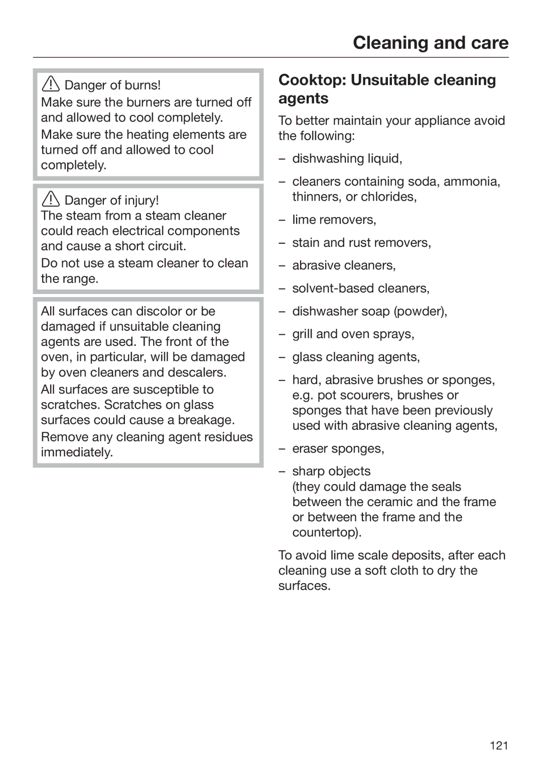 Miele 09 898 020 operating instructions Cleaning and care, Cooktop Unsuitable cleaning agents 