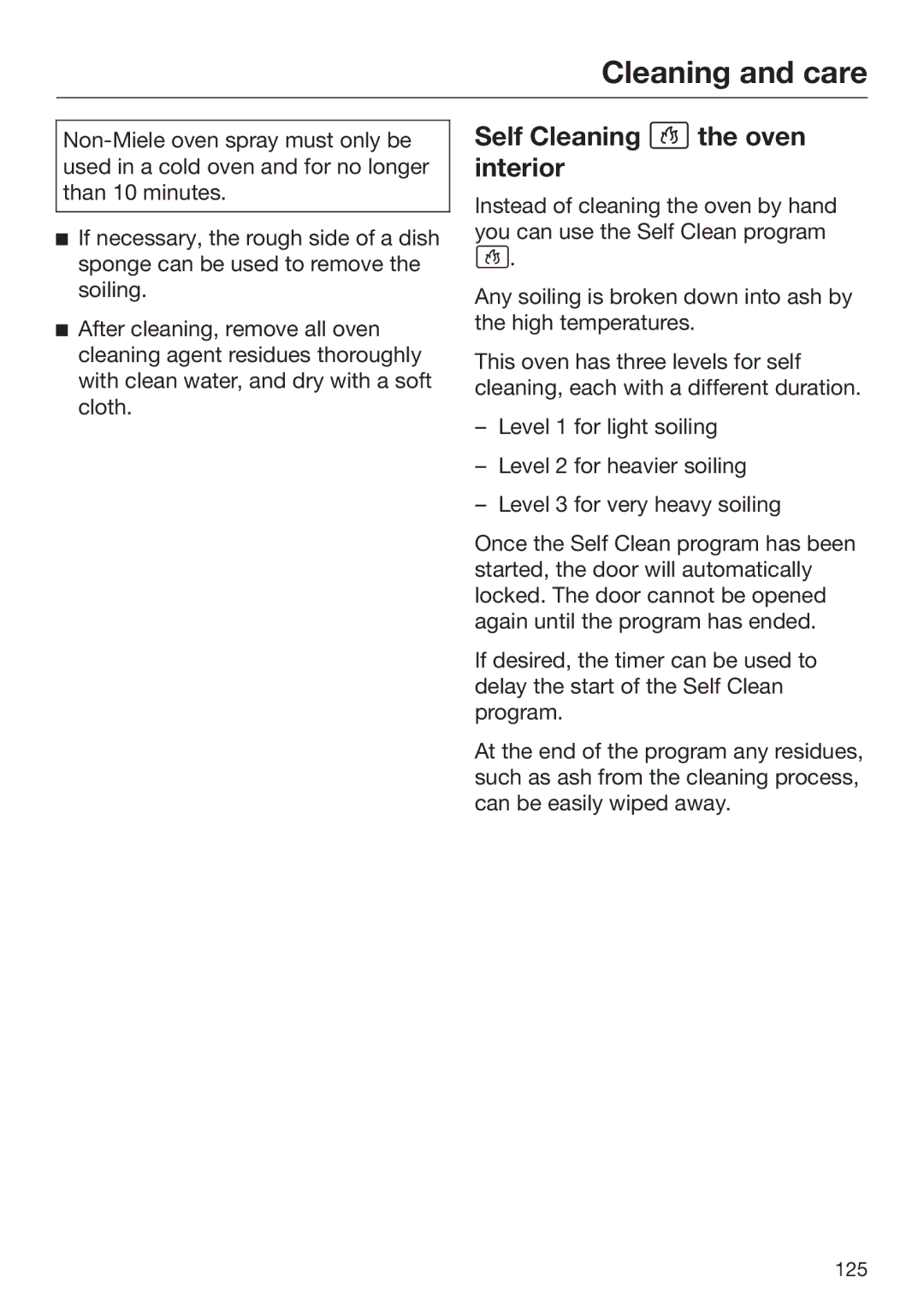 Miele 09 898 020 operating instructions Self Cleaning  the oven interior 