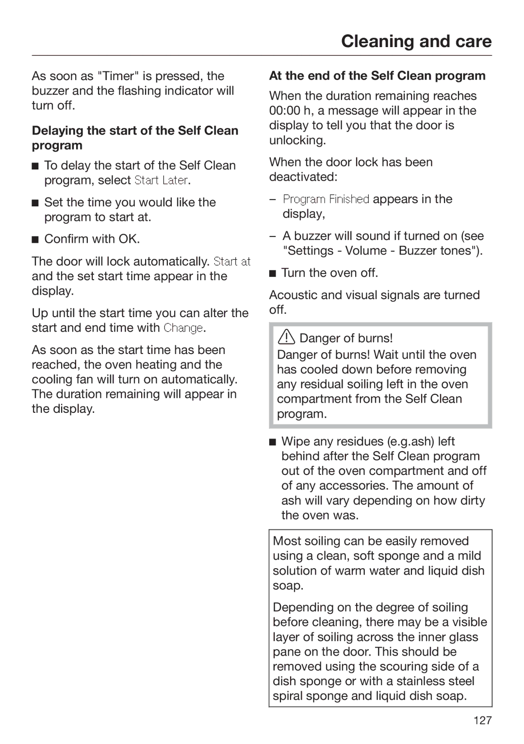 Miele 09 898 020 operating instructions Delaying the start of the Self Clean program, At the end of the Self Clean program 