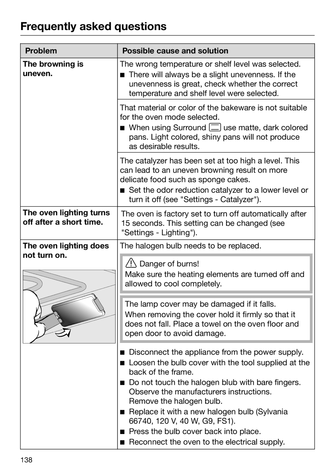 Miele 09 898 020 Problem Possible cause and solution Browning is, Uneven, Oven lighting turns, Off after a short time 