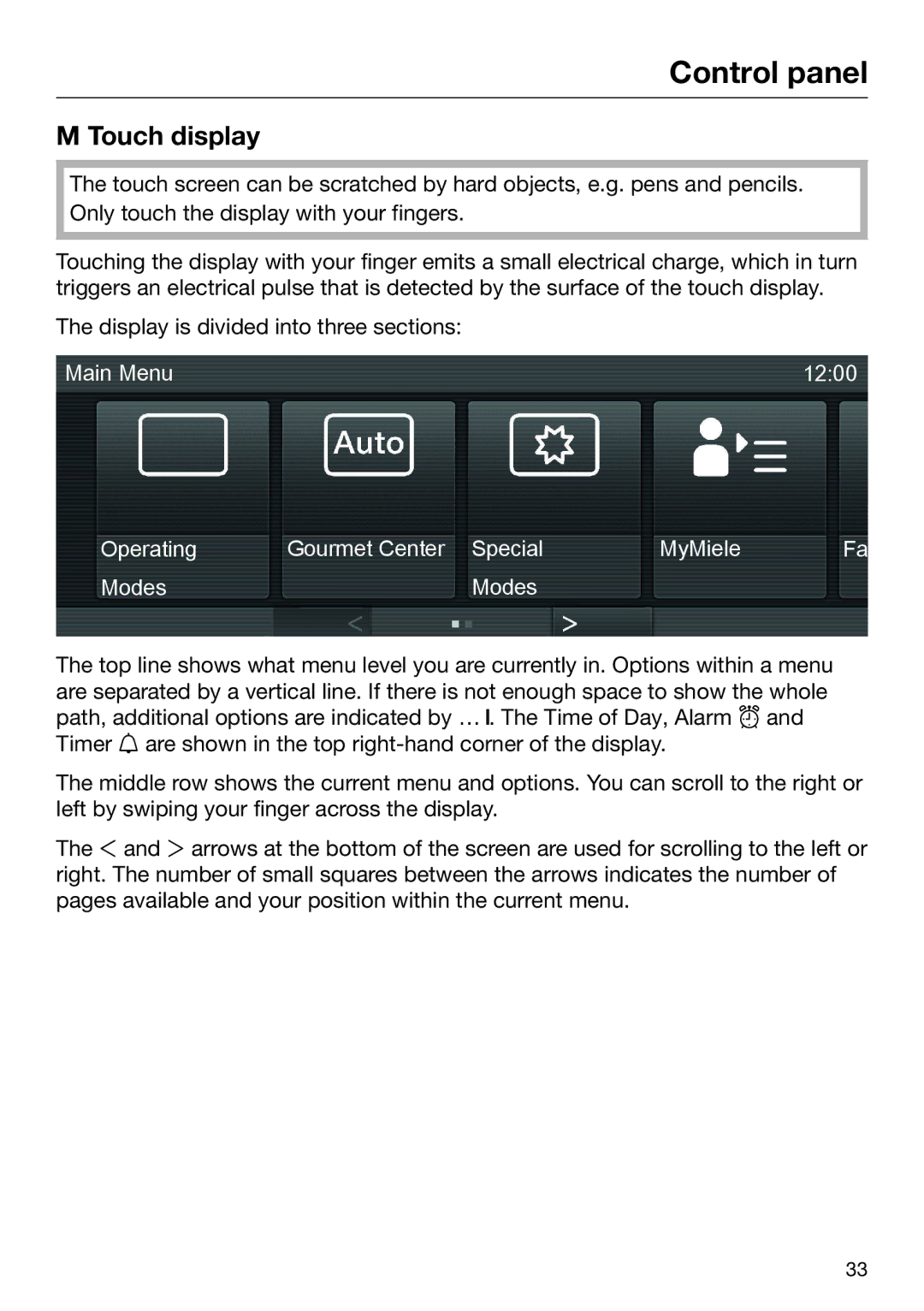 Miele 09 898 020 operating instructions Touch display 