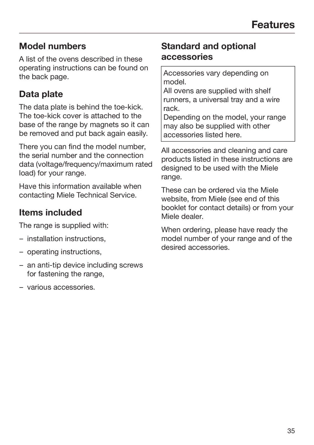 Miele 09 898 020 Features, Model numbers, Data plate, Items included, Standard and optional accessories 