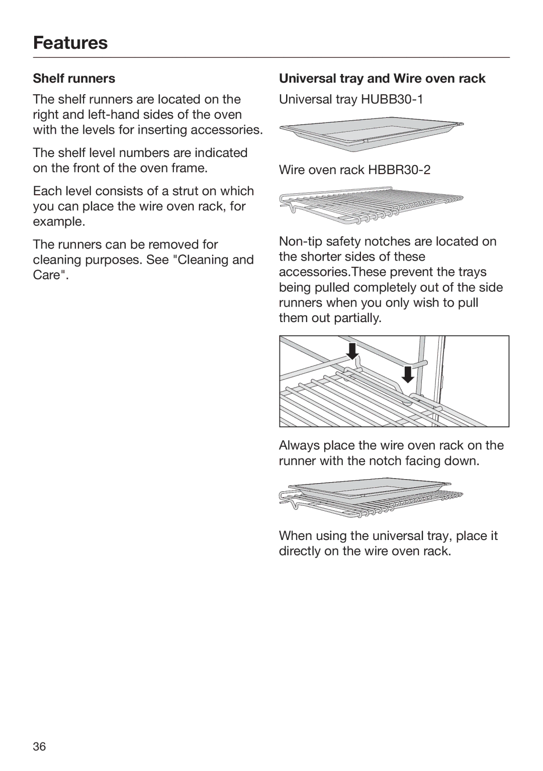 Miele 09 898 020 operating instructions Shelf runners, Universal tray and Wire oven rack 