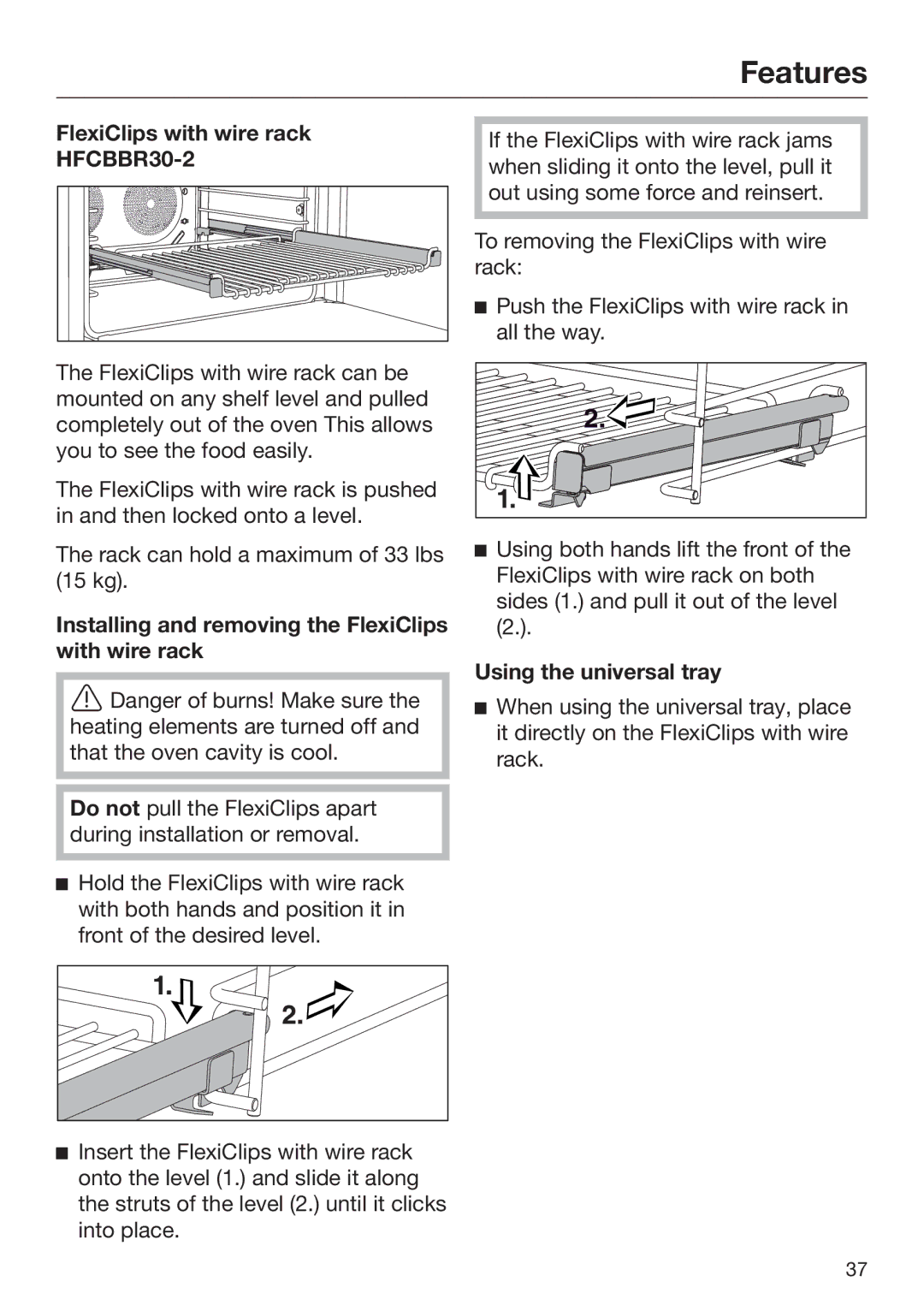 Miele 09 898 020 operating instructions Installing and removing the FlexiClips with wire rack, Using the universal tray 