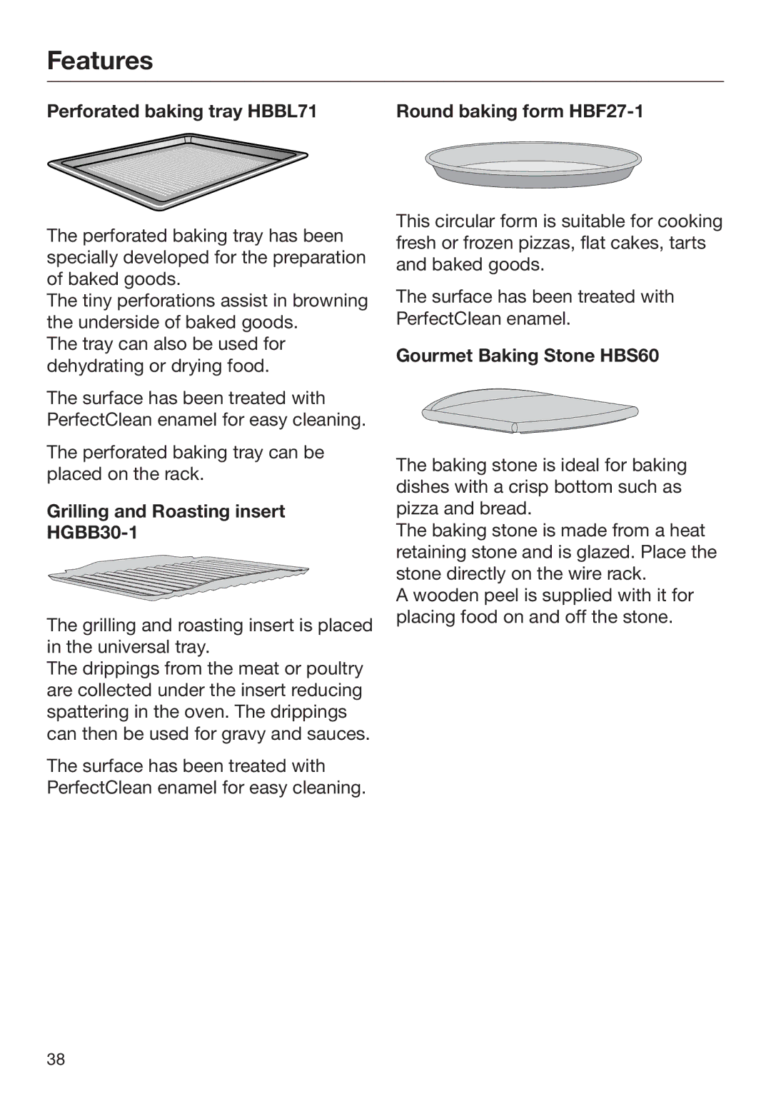 Miele 09 898 020 Perforated baking tray HBBL71 Round baking form HBF27-1, Grilling and Roasting insert HGBB30-1 