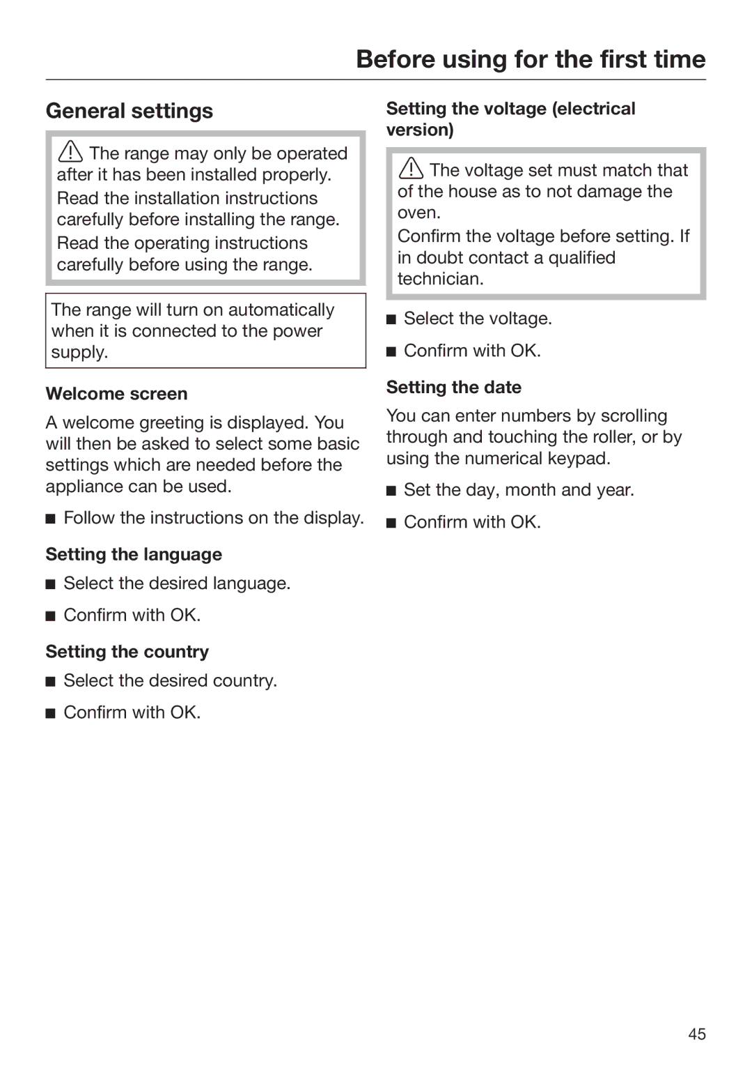 Miele 09 898 020 operating instructions Before using for the first time, General settings 