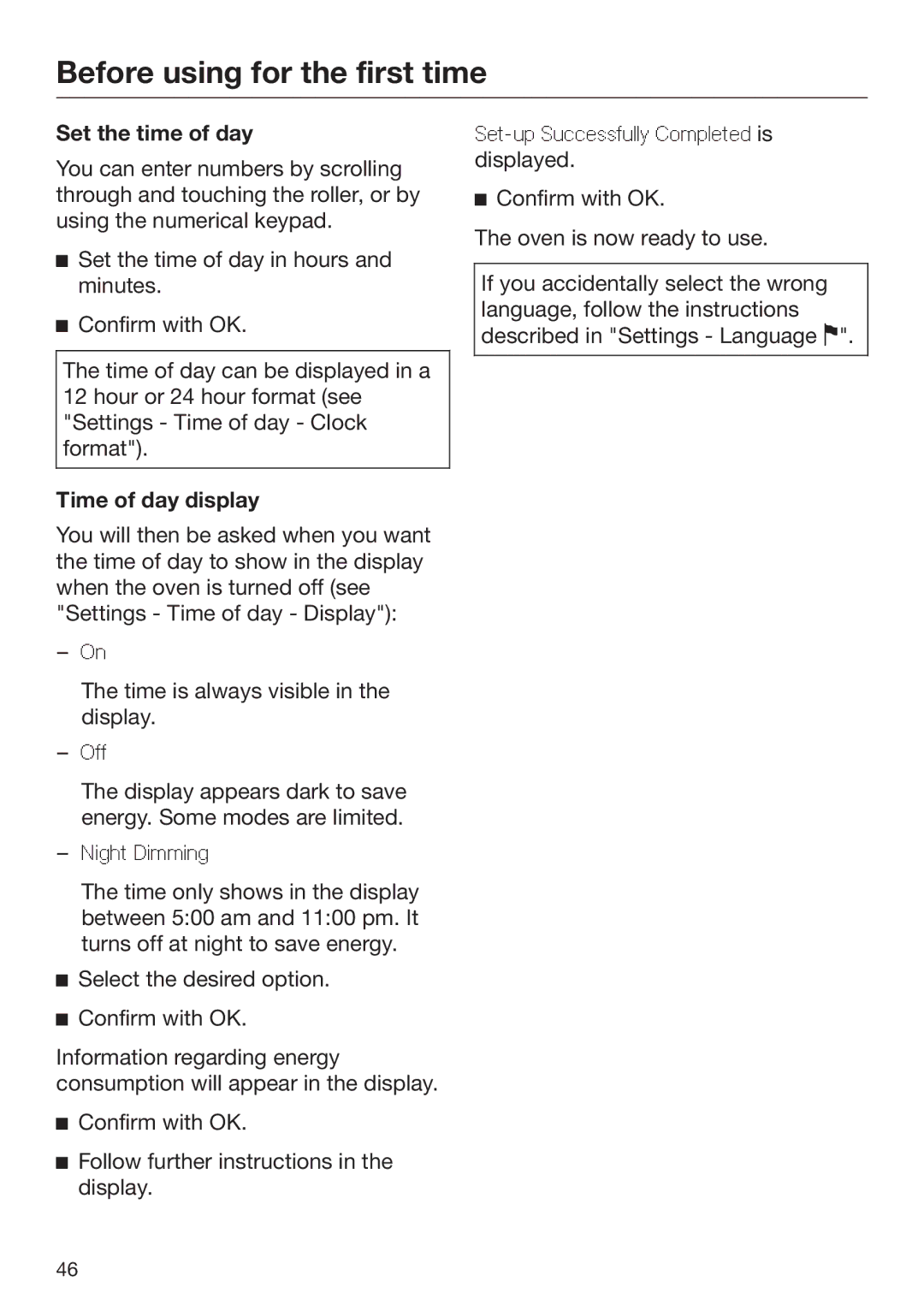 Miele 09 898 020 operating instructions Set the time of day, Time of day display 