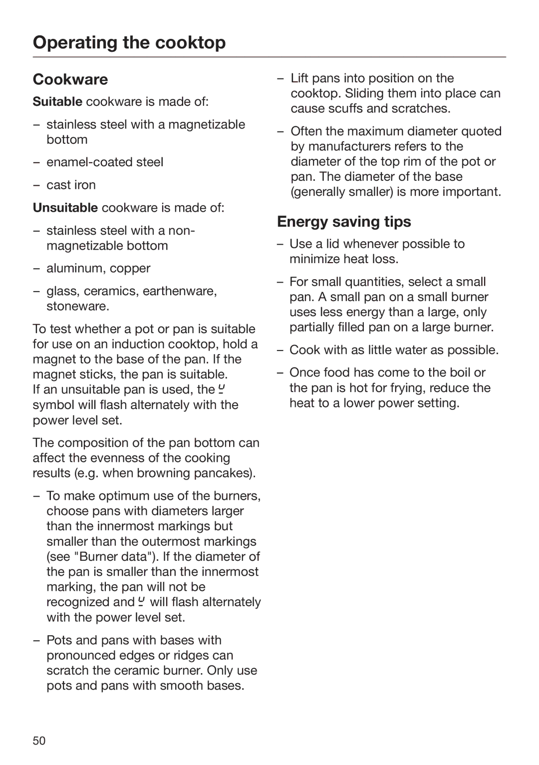 Miele 09 898 020 operating instructions Cookware, Energy saving tips 