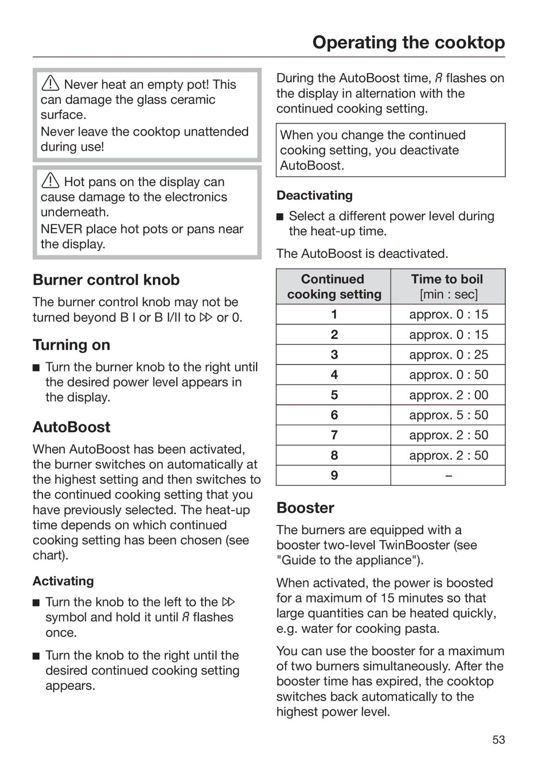 Miele 09 898 020 operating instructions Burner control knob, Turning on, AutoBoost, Booster 