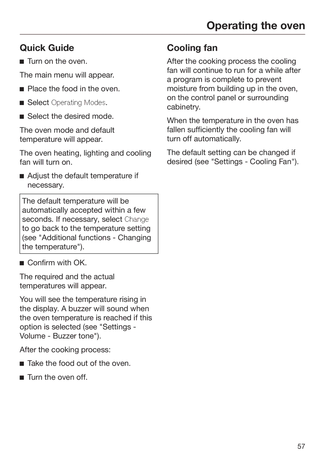 Miele 09 898 020 operating instructions Quick Guide, Cooling fan 