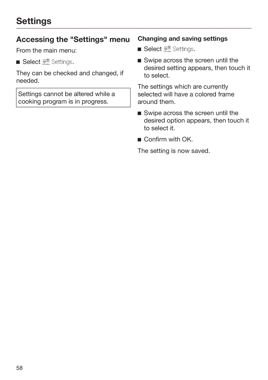 Miele 09 898 020 operating instructions Accessing the Settings menu, Changing and saving settings 