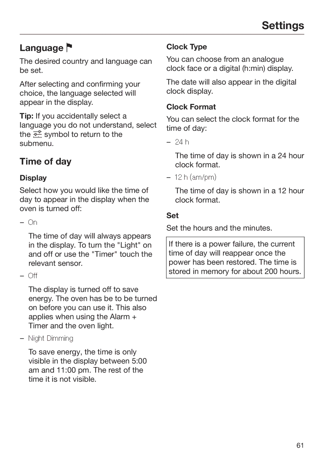 Miele 09 898 020 operating instructions Language , Time of day 