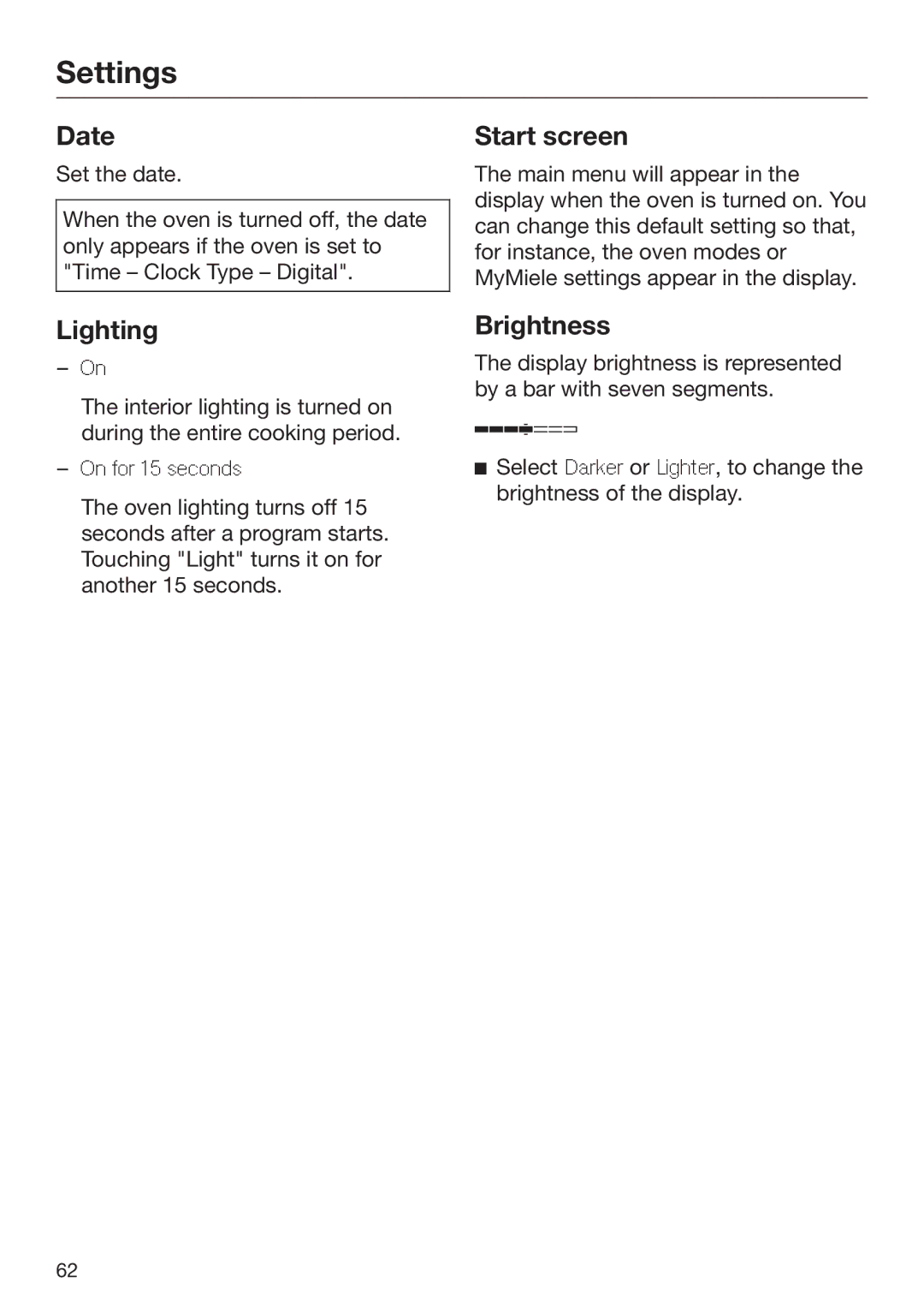 Miele 09 898 020 operating instructions Date, Lighting, Start screen, Brightness 