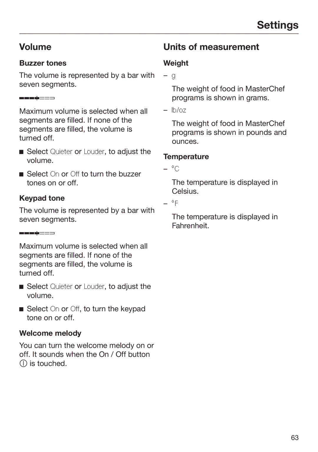 Miele 09 898 020 operating instructions Volume, Units of measurement 