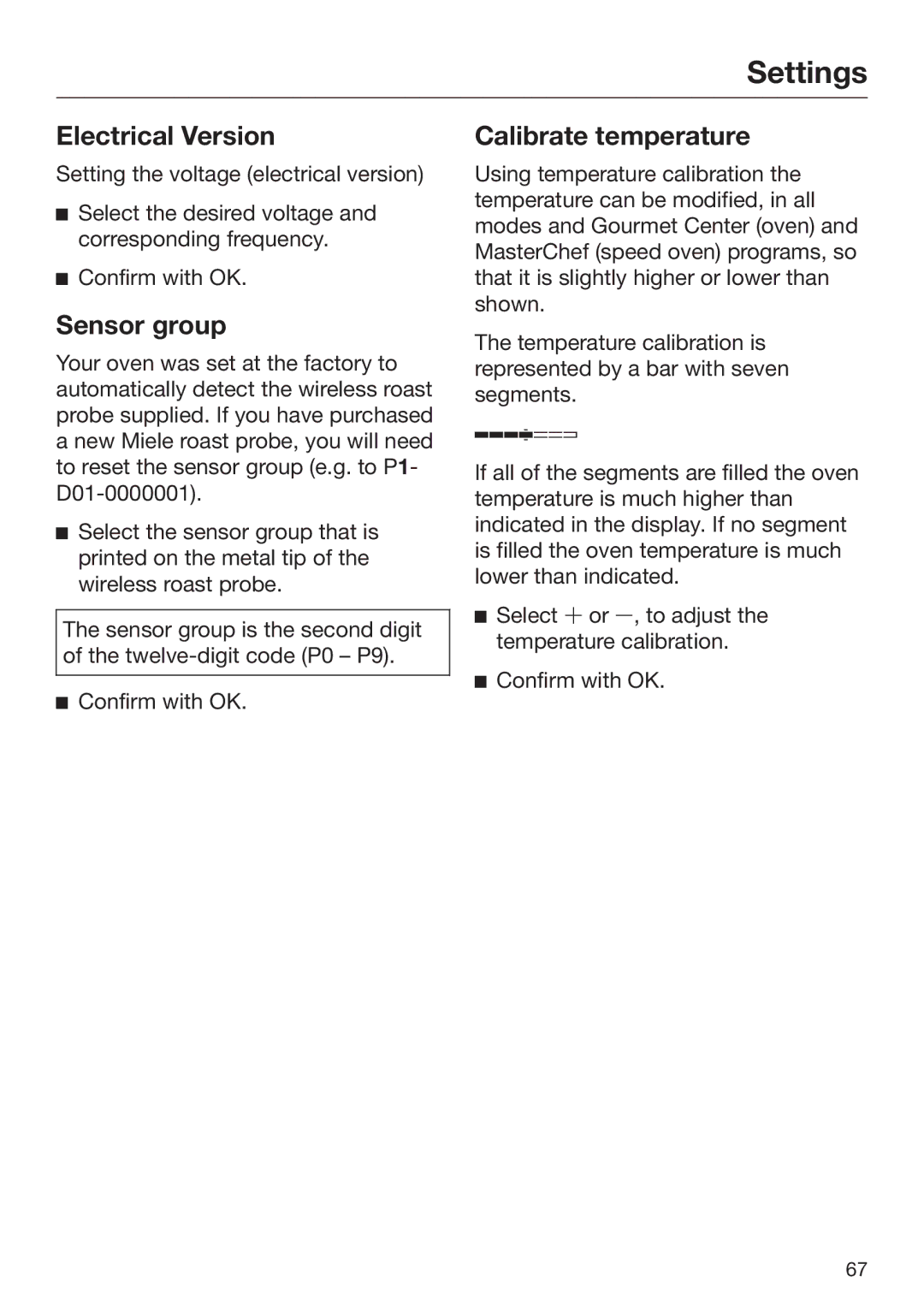 Miele 09 898 020 operating instructions Electrical Version, Sensor group, Calibrate temperature 