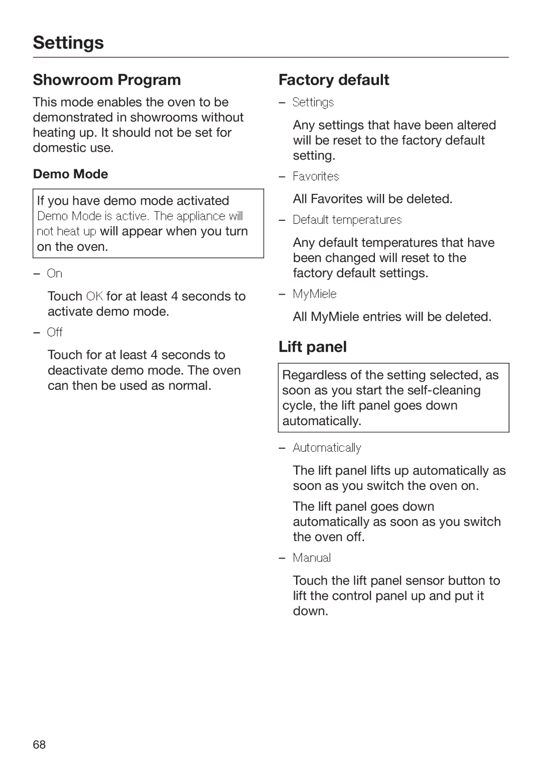 Miele 09 898 020 operating instructions Showroom Program, Factory default, Lift panel, Demo Mode 