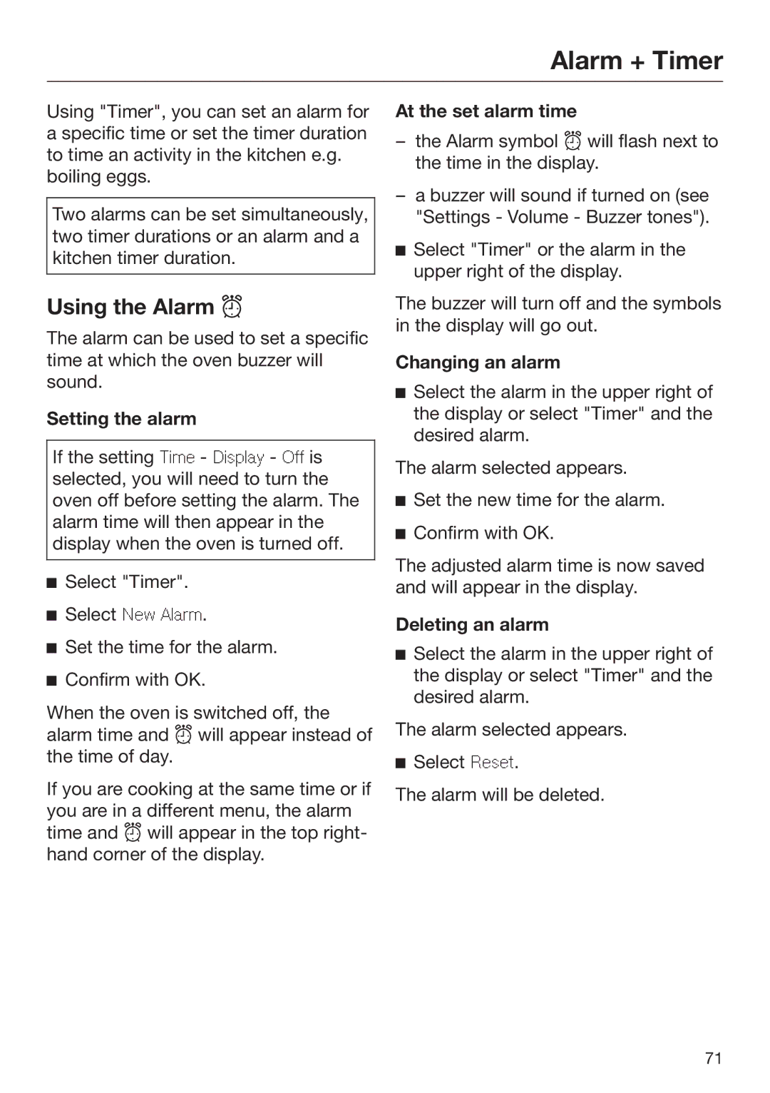 Miele 09 898 020 operating instructions Alarm + Timer, Using the Alarm  