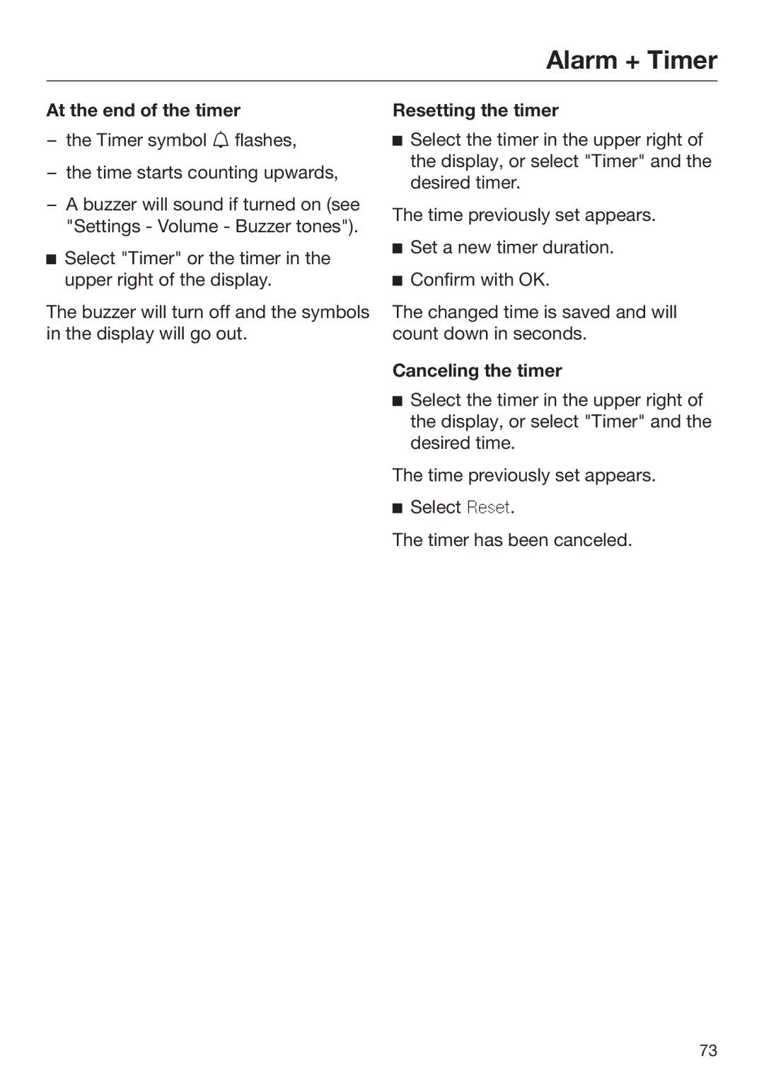 Miele 09 898 020 operating instructions At the end of the timer, Resetting the timer, Canceling the timer 