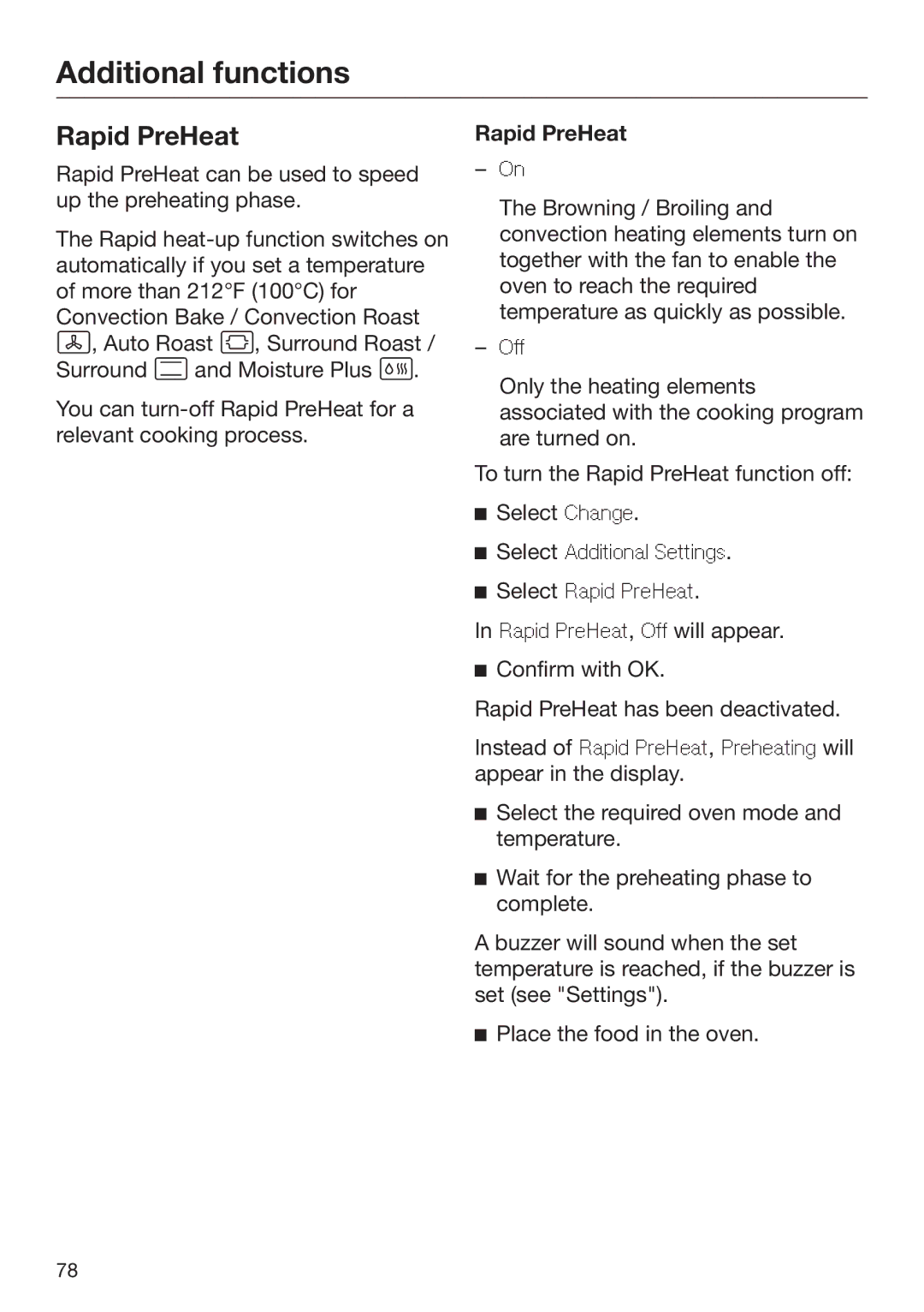 Miele 09 898 020 operating instructions Rapid PreHeat 