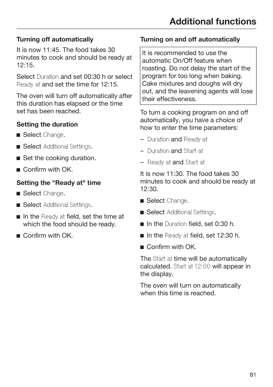 Miele 09 898 020 operating instructions Turning off automatically, Setting the duration, Setting the Ready at time 