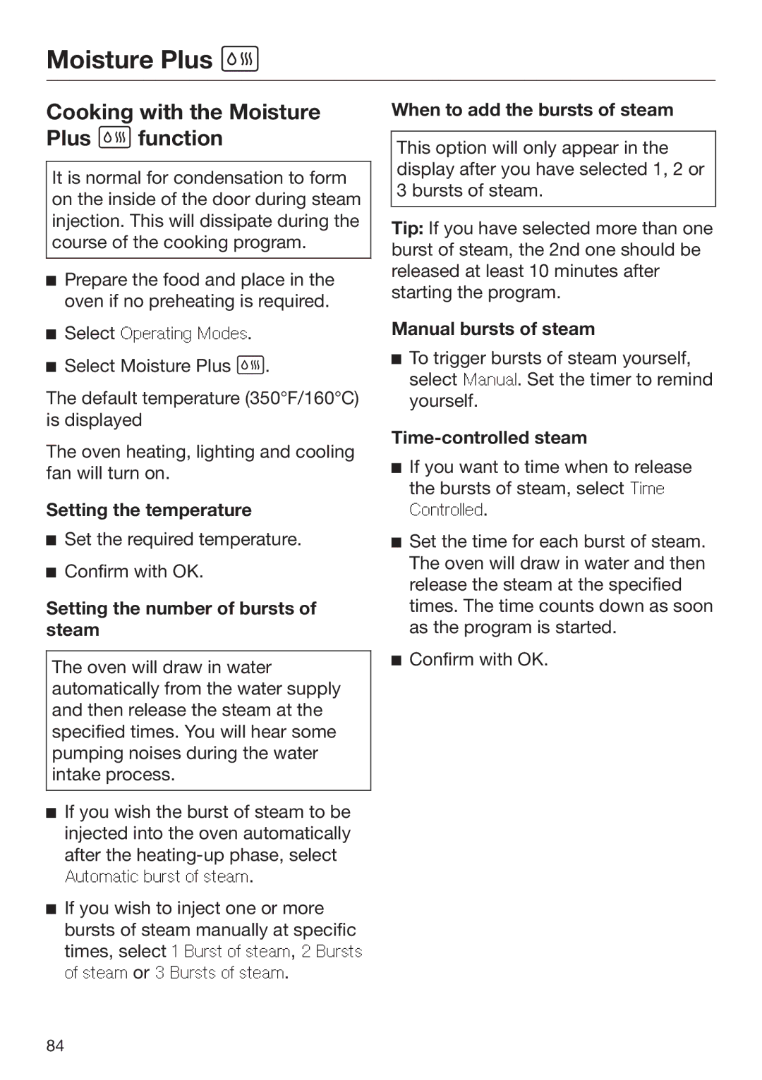 Miele 09 898 020 operating instructions Cooking with the Moisture Plus  function 