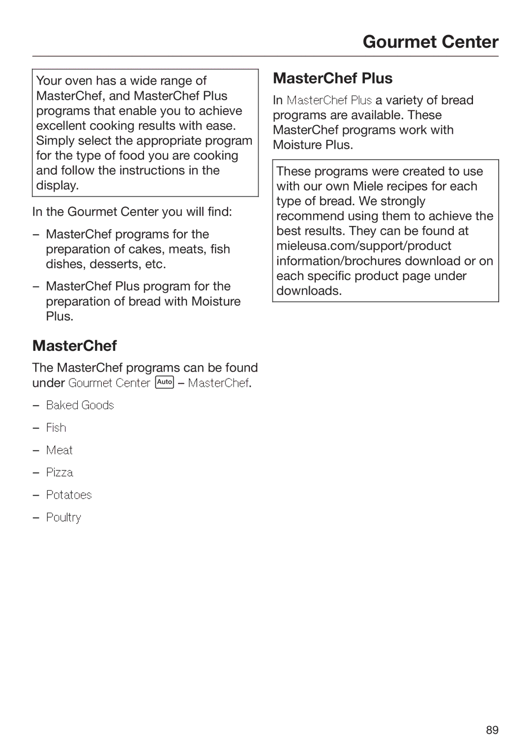 Miele 09 898 020 operating instructions Gourmet Center, MasterChef Plus 