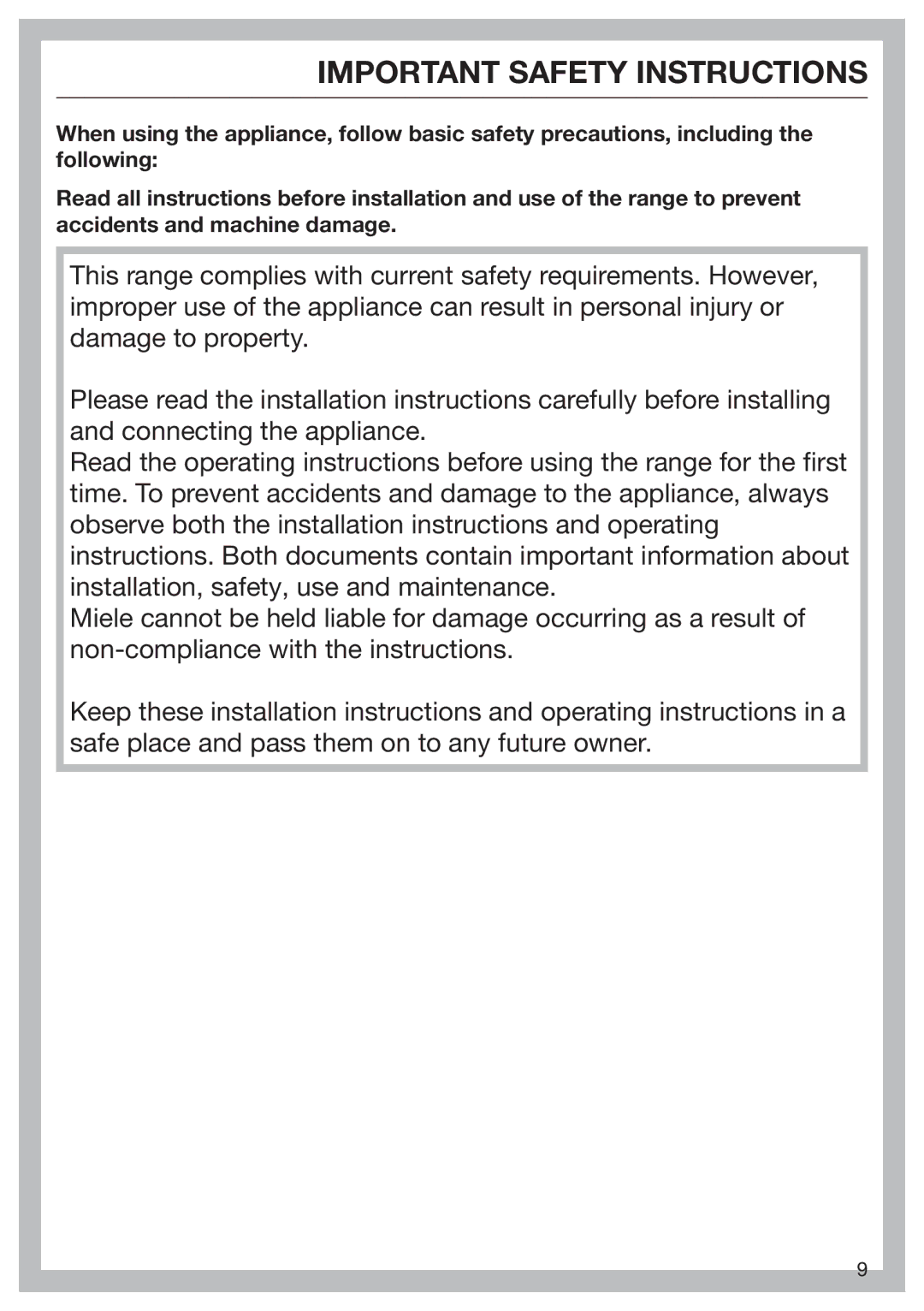 Miele 09 898 020 operating instructions Important Safety Instructions 