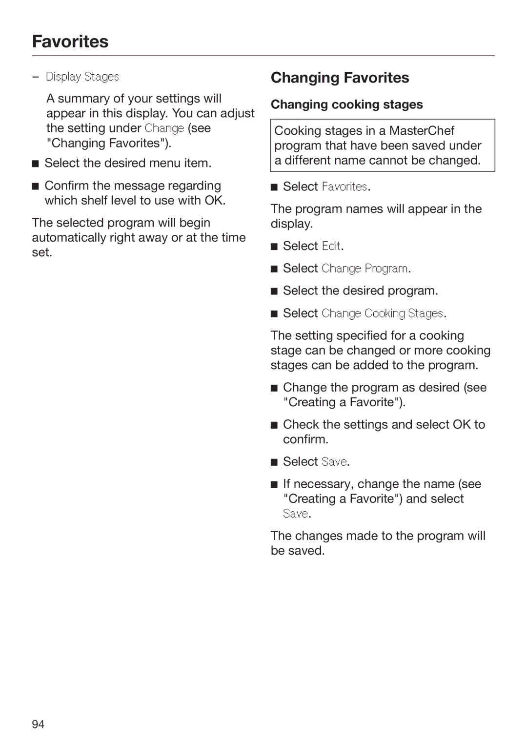 Miele 09 898 020 operating instructions Changing Favorites, Changing cooking stages 