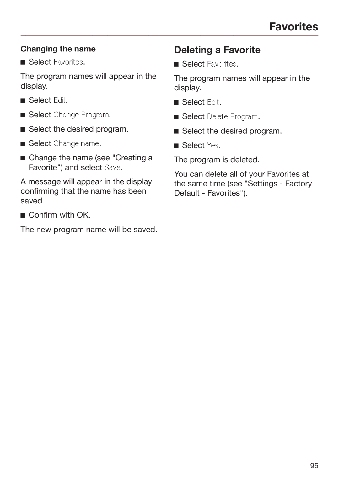 Miele 09 898 020 operating instructions Deleting a Favorite, Changing the name 