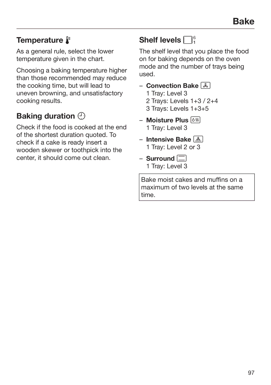 Miele 09 898 020 operating instructions Temperature , Baking duration , Shelf levels , Intensive Bake  