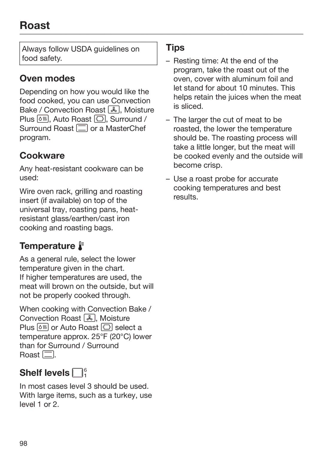 Miele 09 898 020 operating instructions Roast, Tips 