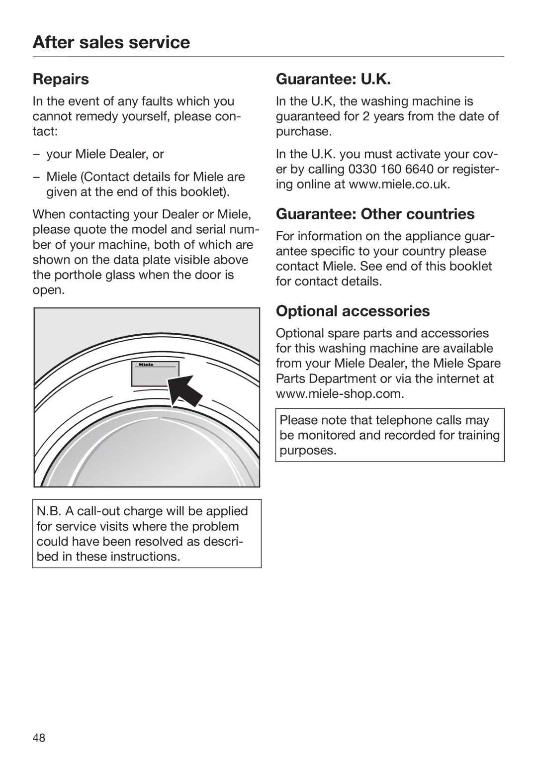 Miele 09 900 690 After sales service, Repairs, Guarantee U.K, Guarantee Other countries, Optional accessories 