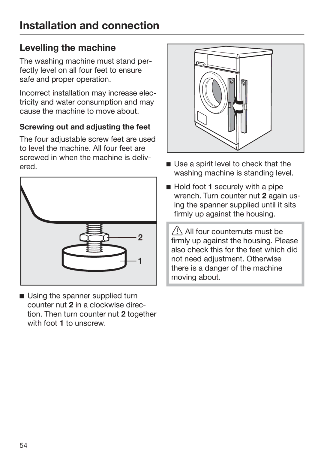 Miele 09 900 690 operating instructions Levelling the machine, Screwing out and adjusting the feet 